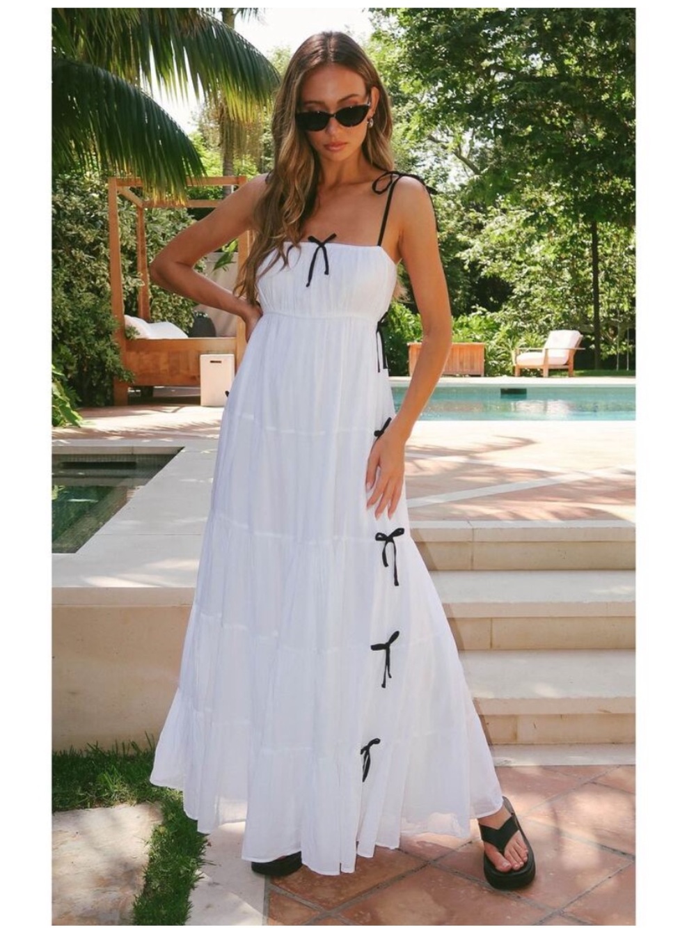 Show Me Your Mumu Harmony Maxi Dress White Voile with Black Bows XS